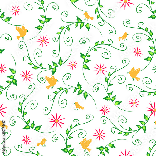 Fototapeta Naklejka Na Ścianę i Meble -  Seamless vector wallpaper design with yellow birds and flowers on white background. Simple wrapping paper.