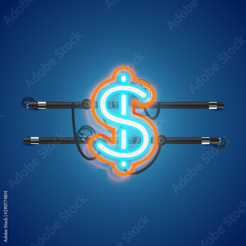 Realistic glowing double neon charcter on and off from a fontset, vector illustration