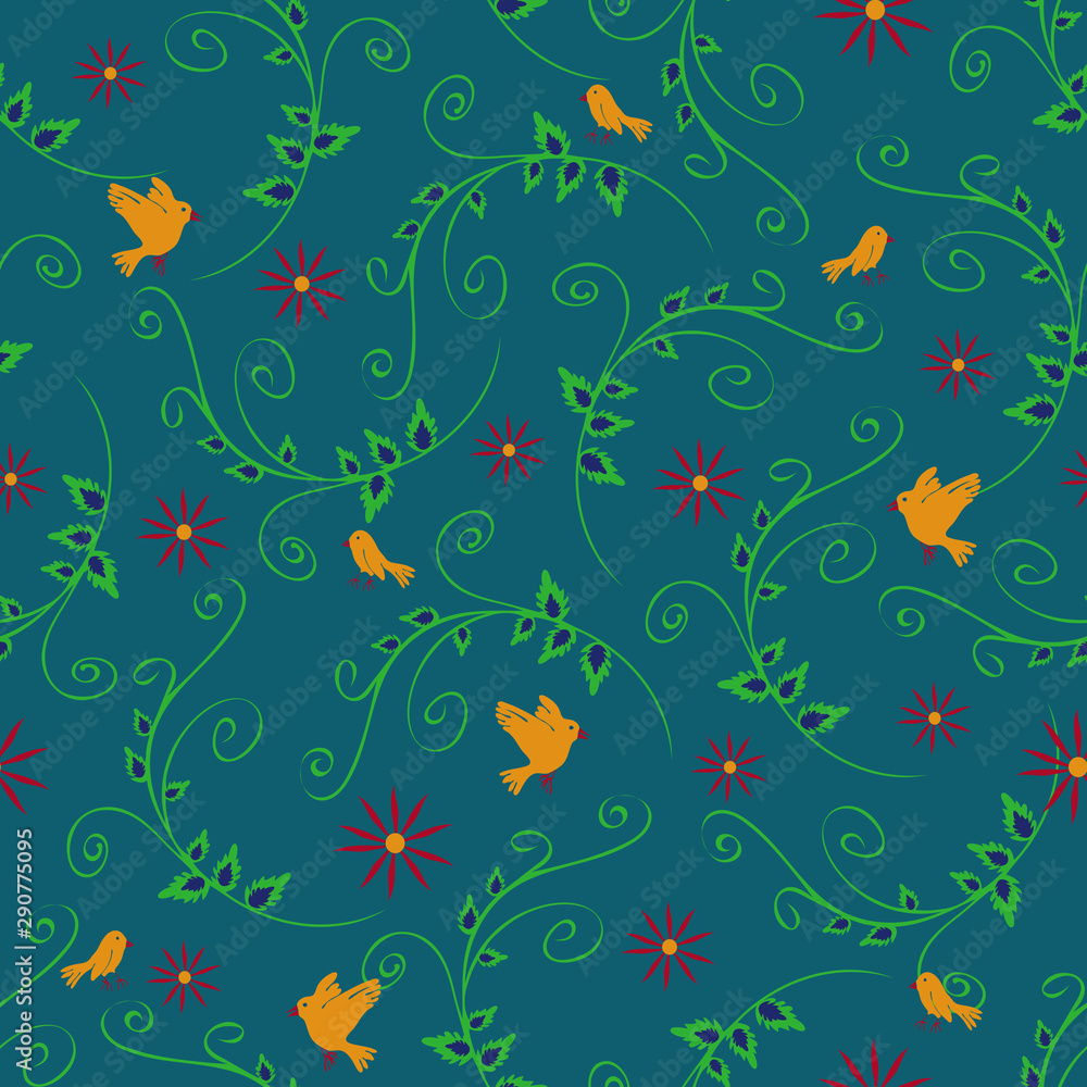 Seamless vector pattern with yellow birds and flowers on turquoise background. Romantic vintage wallpaper. Seamless vector pattern with yellow birds and flowers on turquoise background. Romantic vintage wallpaper.