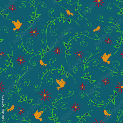 Seamless vector pattern with yellow birds and flowers on turquoise background. Romantic vintage wallpaper.