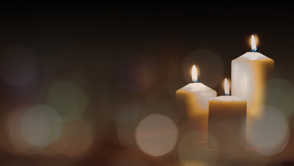 Christmas advent candle light in church with blurry golden bokeh for religious ritual or spiritual zen meditation, peaceful mind and soul