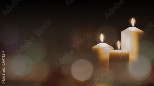 Christmas advent candle light in church with blurry golden bokeh for religious ritual or spiritual zen meditation, peaceful mind and soul