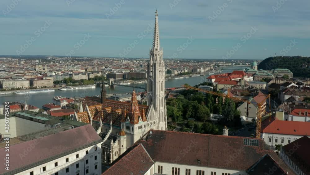 flying counter clockwise around spire of Matthias Church in Budapest Hungary flying counter clockwise around spire of Matthias Church in Budapest Hungary