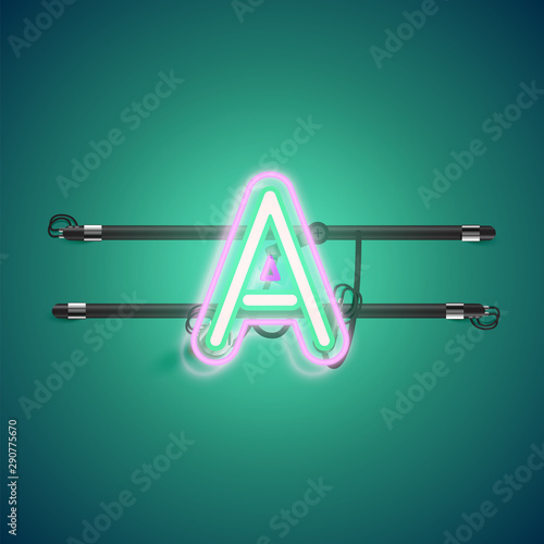 Realistic glowing double neon charcter on and off from a fontset, vector illustration