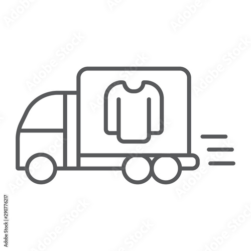 Laundry service delivery thin line icon, laundry and car, dry cleaning delivery sign, vector graphics, a linear pattern on a white background.