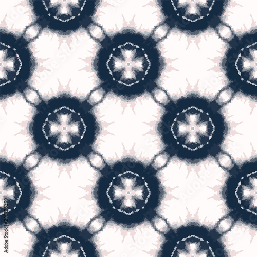 Bold shibori tie dye cross circle background. Seamless pattern indigo coral bleached resist. Japanese style dotted grid dip dyed batik textile. Variegated retro boho textured trendy fashion swatch.