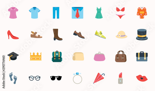 Fashion Clothes Vector Illustration Icons Set. Shopping Emojis Collection. Menswear, Womenswear, Accessories, Ring, Hat, Shirts, Wears, Apparels, Dresses
