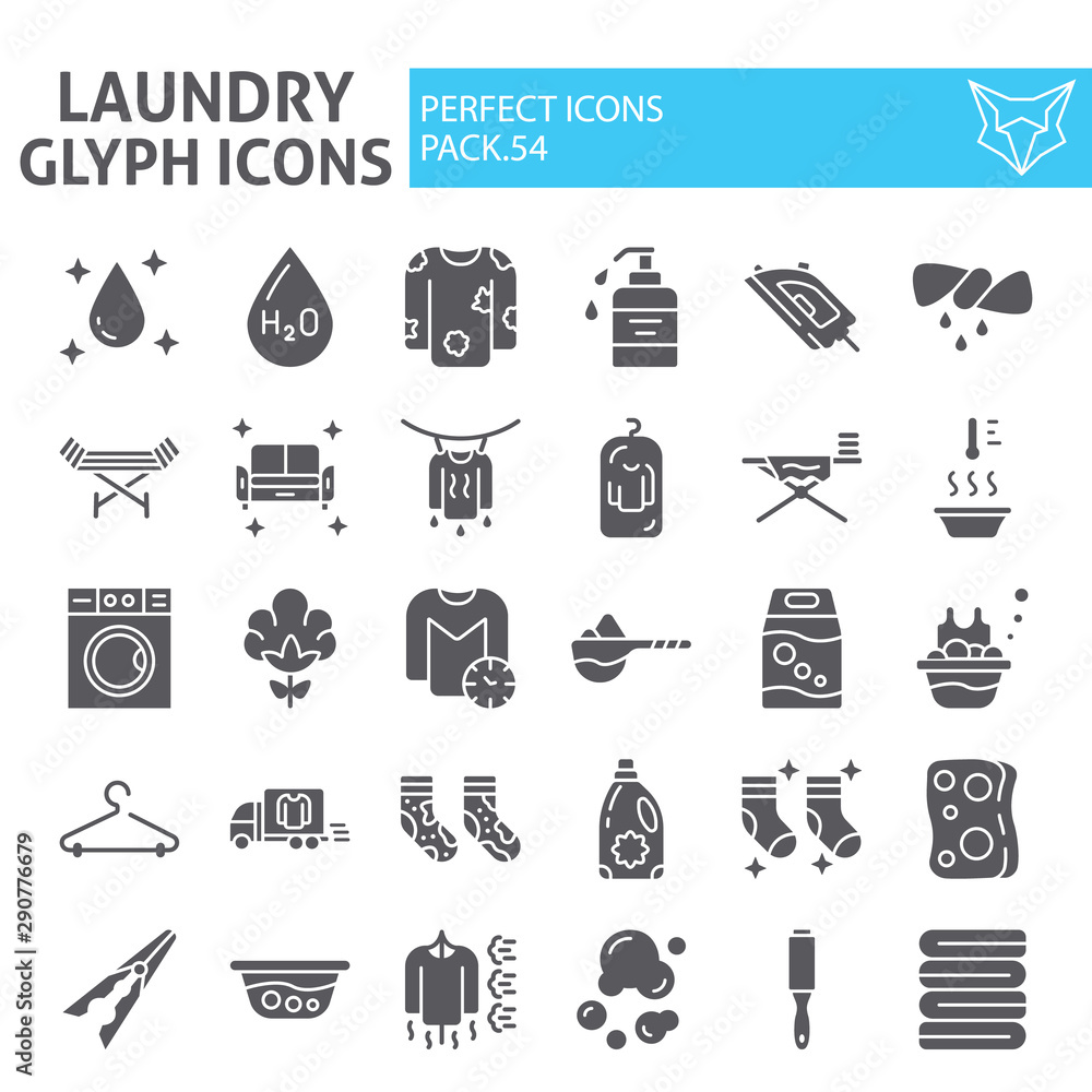 Laundry glyph icon set, washing symbols collection, vector sketches, logo illustrations, housework signs solid pictograms package isolated on white background.