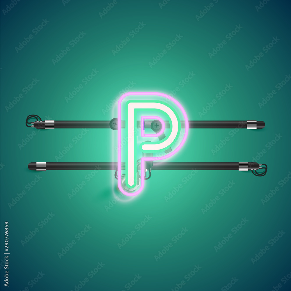 Realistic glowing double neon charcter on and off from a fontset, vector illustration