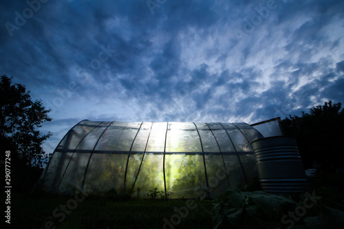 Beautiful evening view of cloudy sky and strobe light green house of tomatoe plants. © Artūrs Stiebriņš