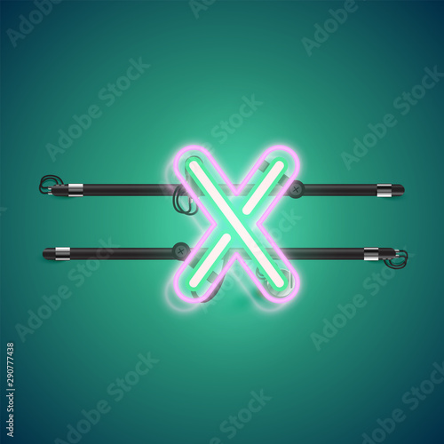Realistic glowing double neon charcter on and off from a fontset, vector illustration