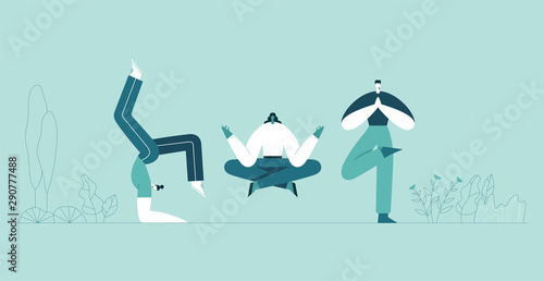 People yoga poses. Man and woman doing asana and meditate. Modern cartoon characters and green plants background. Vector flat illustration. Use in web project and applications.