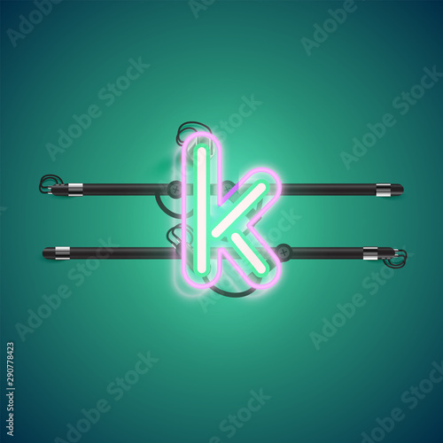 Realistic glowing double neon charcter on and off from a fontset, vector illustration