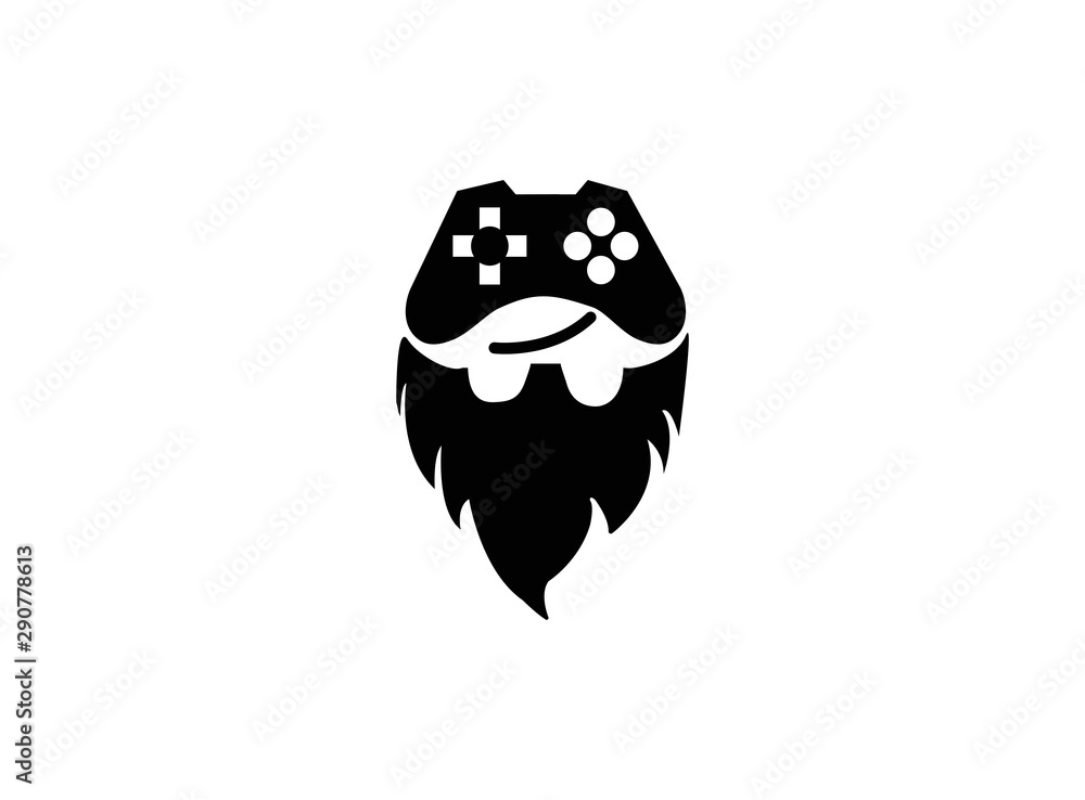 Console gamer and beard smile face symbol gaming vector play games logo design illustration on white background Console gamer and beard smile face symbol gaming vector play games logo design illustration on white background