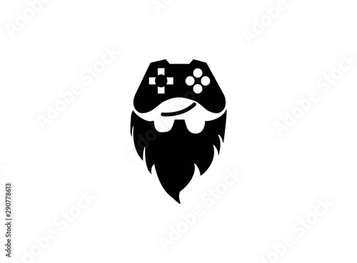 Console gamer and beard smile face symbol gaming vector play games logo design illustration on white background