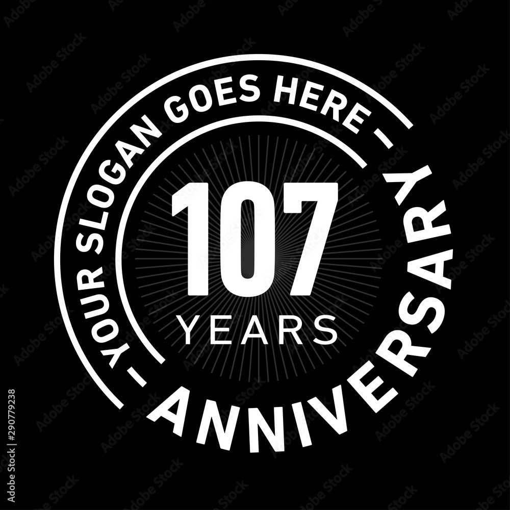 107 years anniversary logo template. One hundred and seven years celebrating logotype. Black and white vector and illustration.