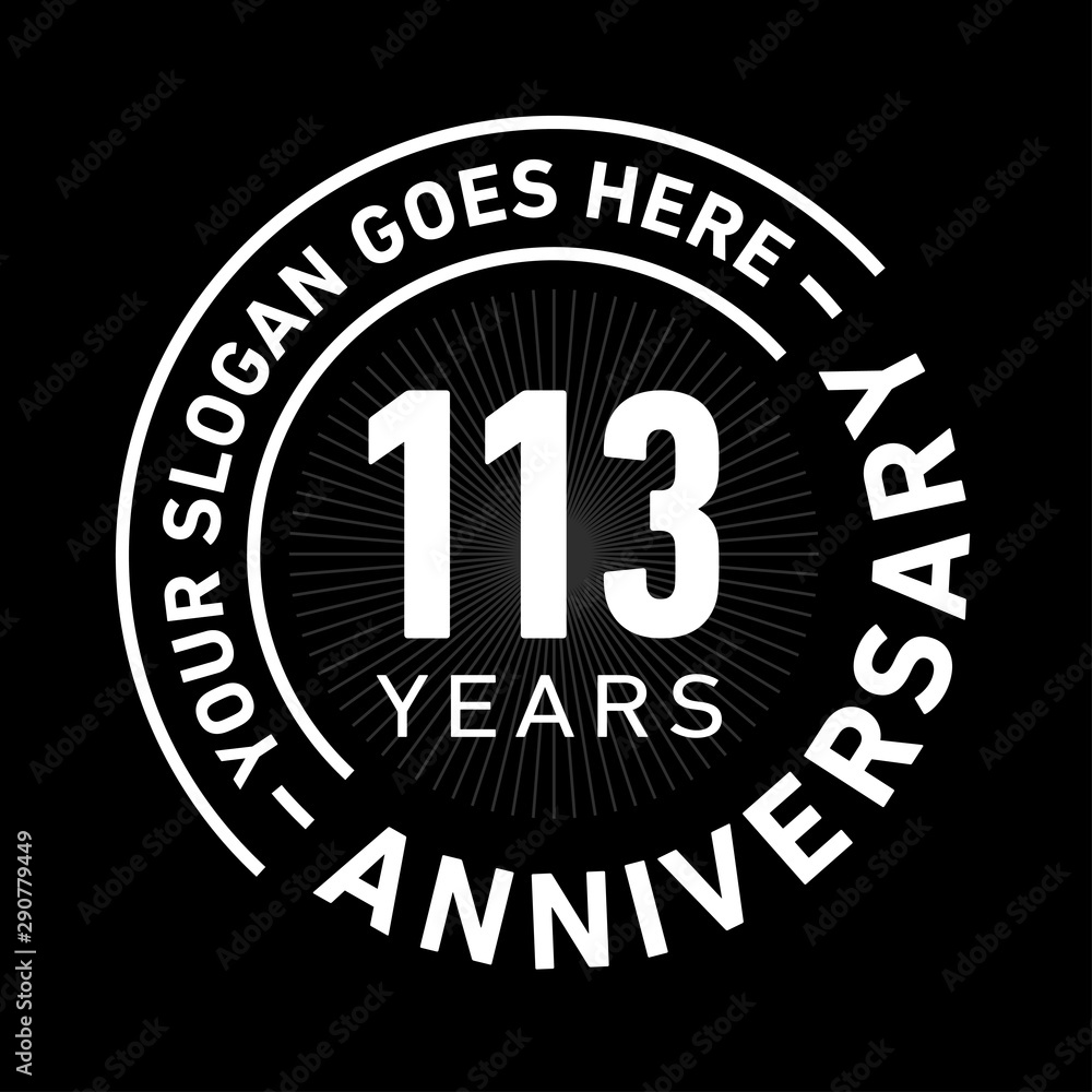 113 years anniversary logo template. One hundred and thirteen years celebrating logotype. Black and white vector and illustration.