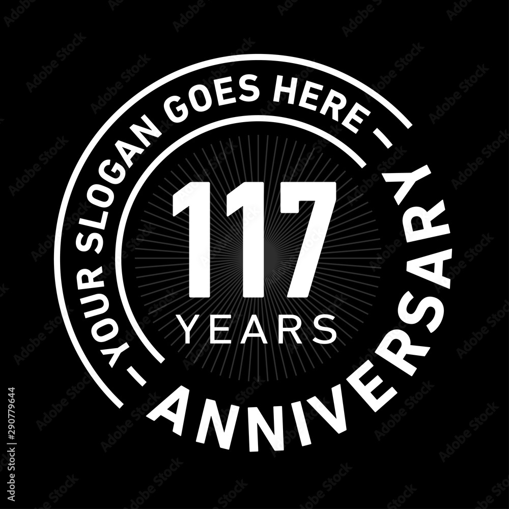 117 years anniversary logo template. One hundred and seventeen years celebrating logotype. Black and white vector and illustration.