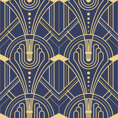 Wandcirkels Blauw goud patronen Art deco tegels op blauwe achtergrond  © lumyaisweet