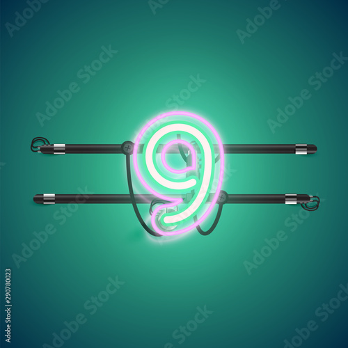 Realistic glowing double neon charcter on and off from a fontset, vector illustration