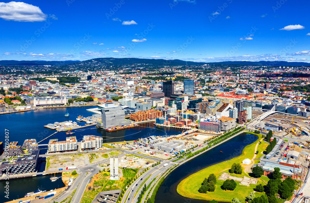 Aerial view of Sentrum area of Oslo, Norway, with Barcode buildings and the river Akerselva - obrazy, fototapety, plakaty 