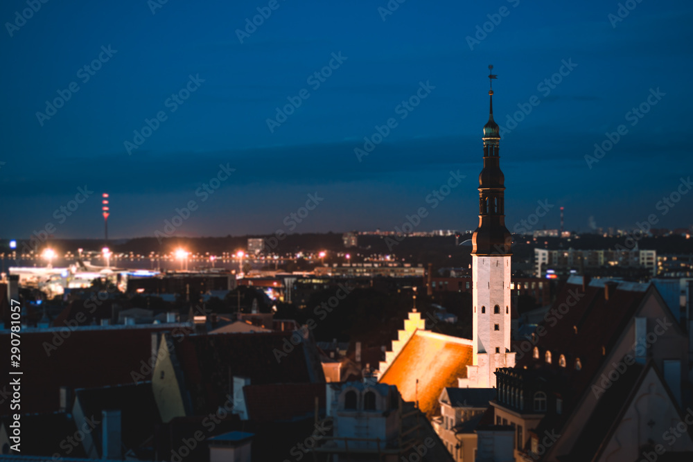 Panorama of the city of Tallinn, in the distance the Townhouse in Tallinn town in the evening. Estonia