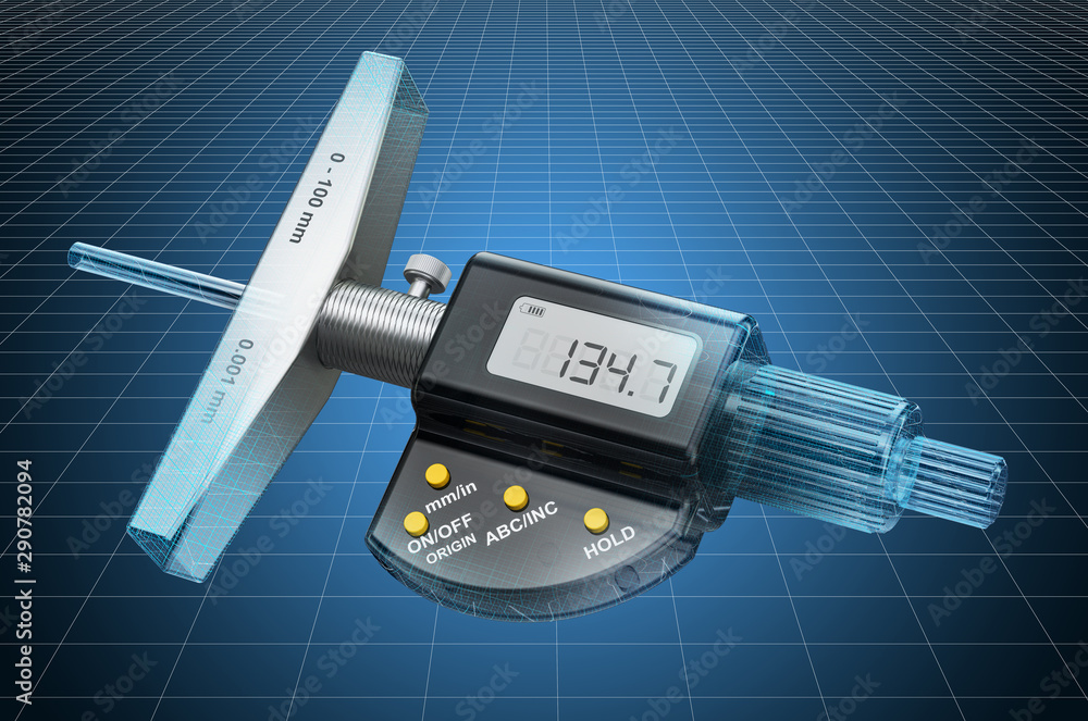 Visualization 3d cad model of Digital Depth Micrometer, blueprint. 3D