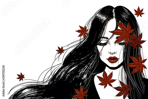 sensual woman with long hair and red leaves