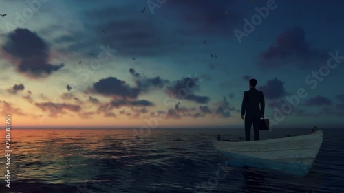 Businessman with briefcase surrounded by seagulls, sitting on a boat in the middle of the ocean against timelapse sunrise, zoom out photo