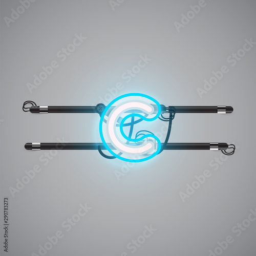 Realistic glowing double neon charcter on and off from a fontset, vector illustration