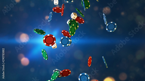 3D Illustration of difference casino chips and dices. Falling on colorful background.
