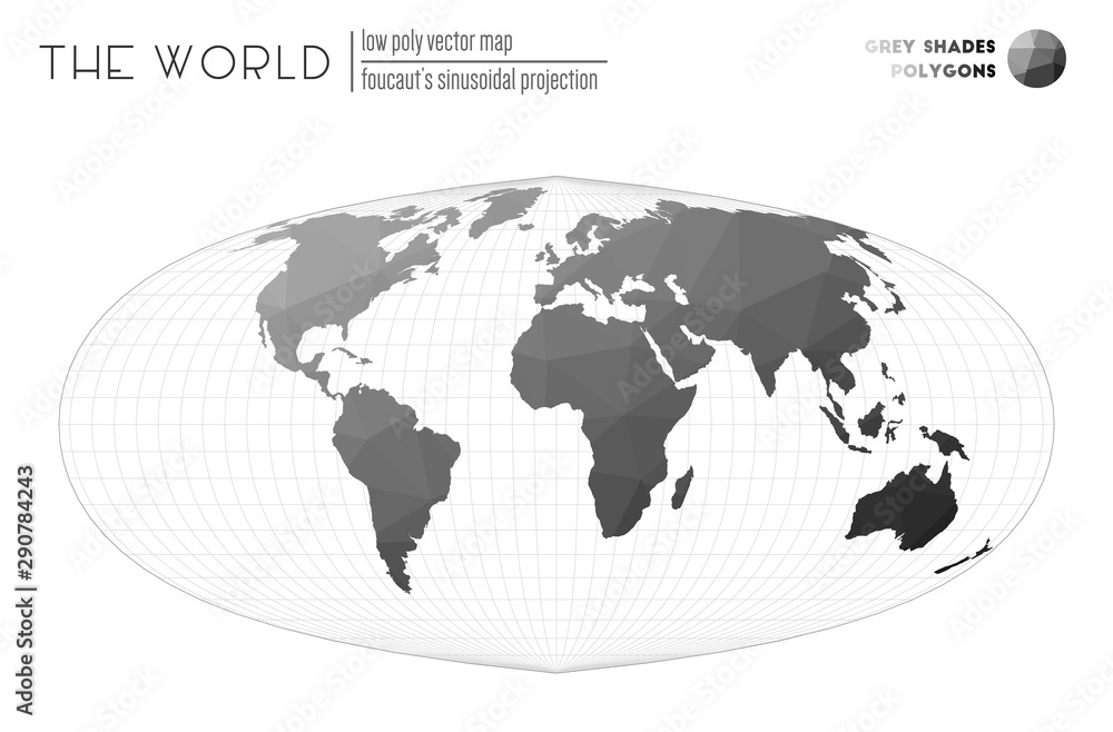 Triangular mesh of the world. Focault's sinusoidal projection of the world. Grey shades colored polygons. Neat vector illustration. Triangular mesh of the world. Focault's sinusoidal projection of the world. Grey shades colored polygons. Neat vector illustration.