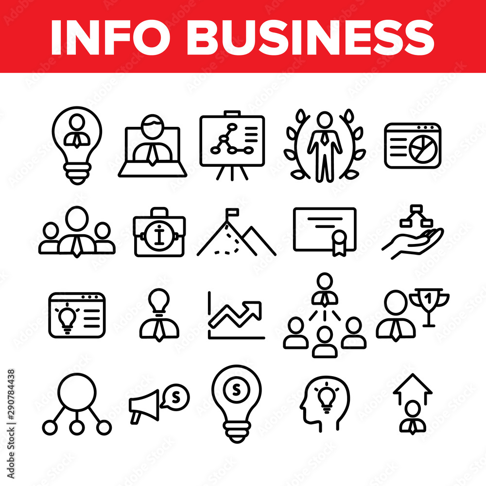 Info Business Collection Elements Icons Set Vector Thin Line. Human Businessman Silhouette In Light Bulb, Suitcase And Business Graph Concept Linear Pictograms. Monochrome Contour Illustrations