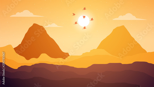 Beautiful mountain landscape at sunrise with birds Vector