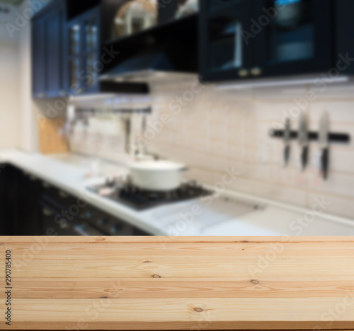 abstract blur inside interior contemporary kitchen loft decoration style with wood plank perspective background for show promote content  product on disply