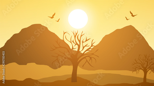 Beautiful mountain landscape at sunrise with birds Vector