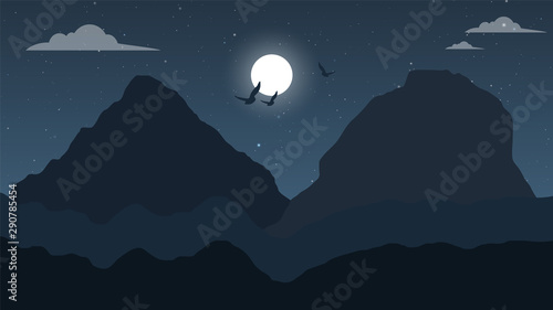 Mountain landscape at night With Full moon Background