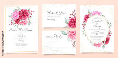 Wedding invitation card template set with floral frame and bouquet decoration. Garden roses and peonies card background