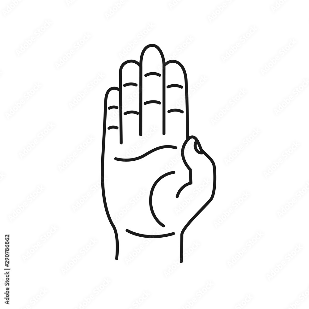 Obraz premium Hand drawn stop signal gesture isolated on a white. Palm and the hand. Sketch. Vector illustration.