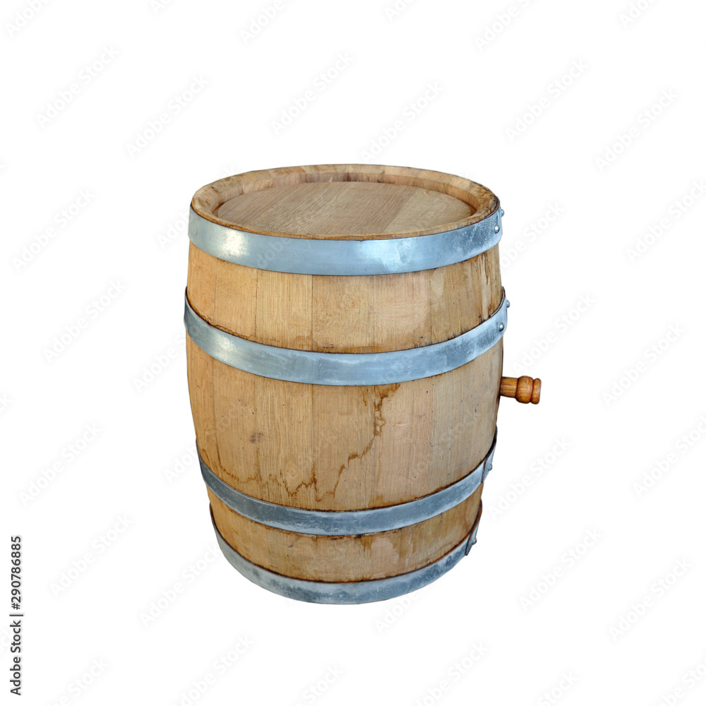 Fototapeta premium New oak barrel with young wine. Isolate on a white background. Winemaking and home brewing