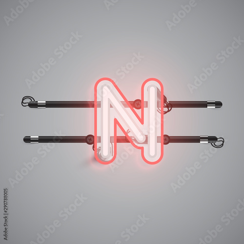 Realistic glowing double neon charcter from a fontset, vector illustration