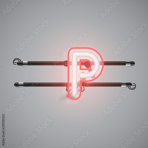 Realistic glowing double neon charcter from a fontset, vector illustration