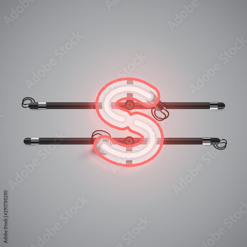 Realistic glowing double neon charcter from a fontset, vector illustration