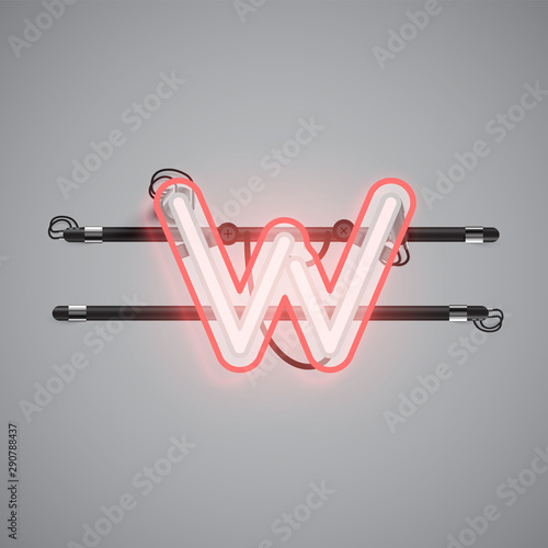 Realistic glowing double neon charcter from a fontset, vector illustration
