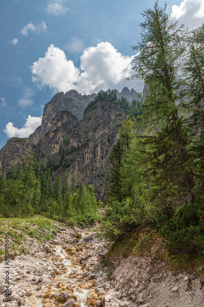 Obraz premium Alpine waterfall Pisciadu (Cascate del Pisciadù) near the town Colfosco (Calfosch) Italian Dolomites, Italy. Summer time