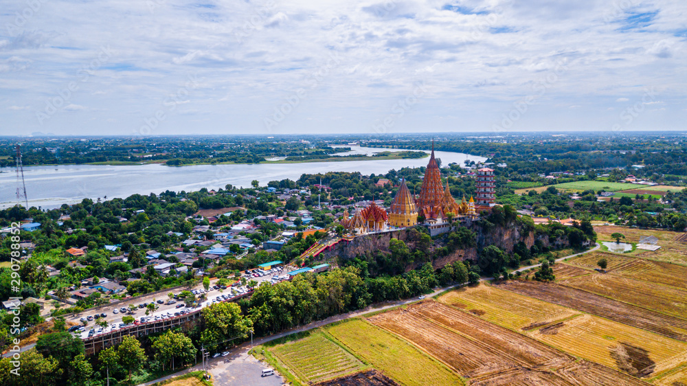 Aerial view of Tiger Cave Temple (Wat Tham Sua) in Kanchanaburi, Thailand. Tiger cave Temple of mountain in Kanchanaburi, Thailand.