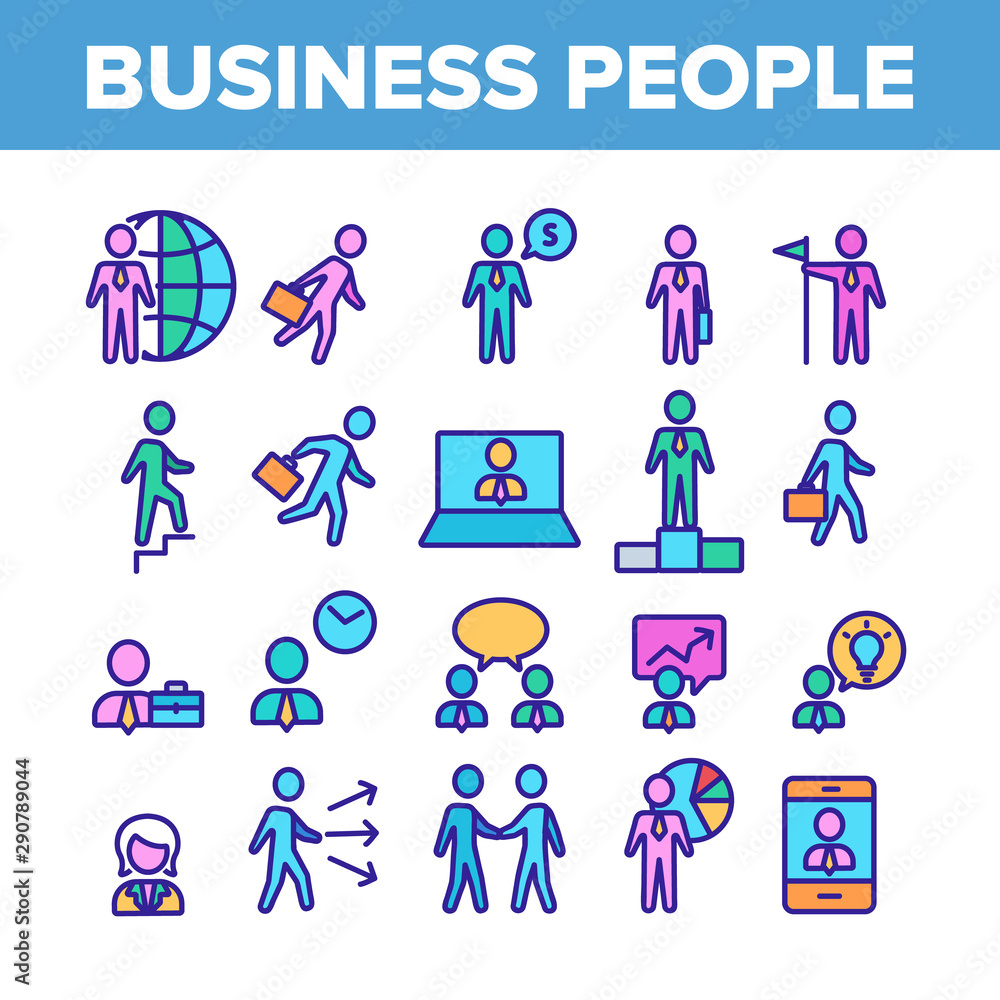 Business People Leader Collection Icons Set Vector Thin Line. Running Man Silhouette And Business Trip, Discussion And Conference Concept Linear Pictograms. Color Contour Illustrations