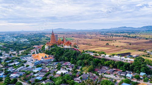 Aerial view of Tiger Cave Temple  Wat Tham Sua  in Kanchanaburi  Thailand. Tiger cave Temple of mountain in Kanchanaburi  Thailand.