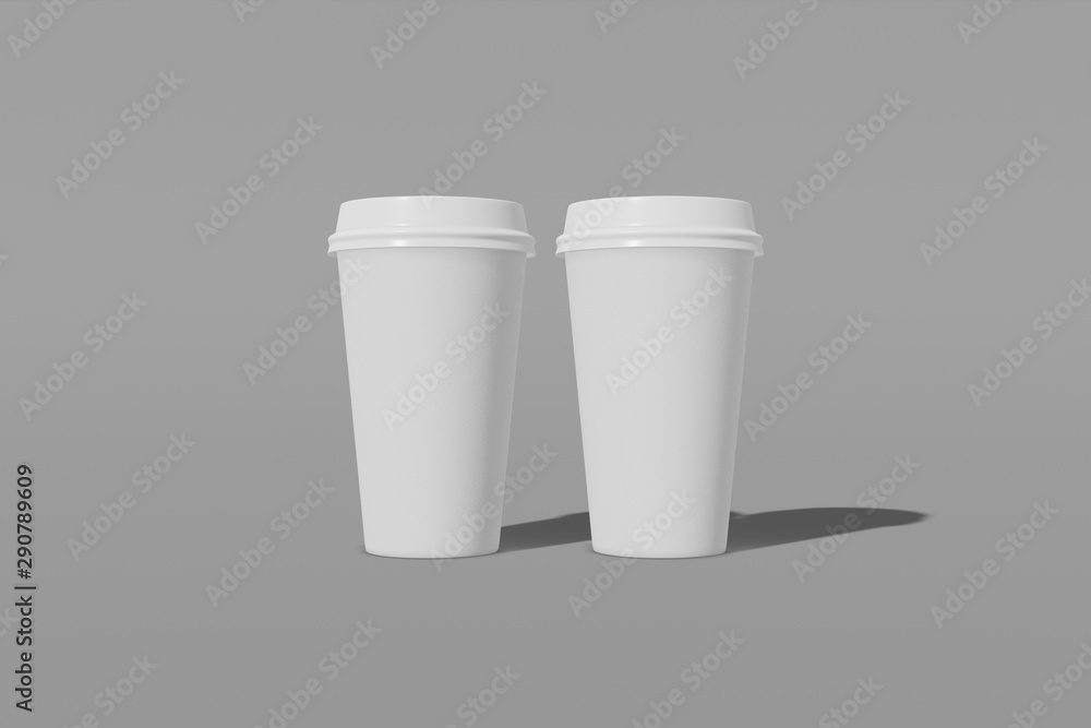 Set of two white paper mockup cup with a lid on a grey background. 3D rendering Set of two white paper mockup cup with a lid on a grey background. 3D rendering