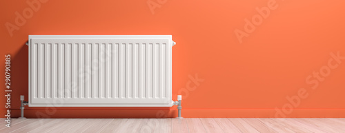 Radiator, wood floor, orange wall background, banner. 3d illustration